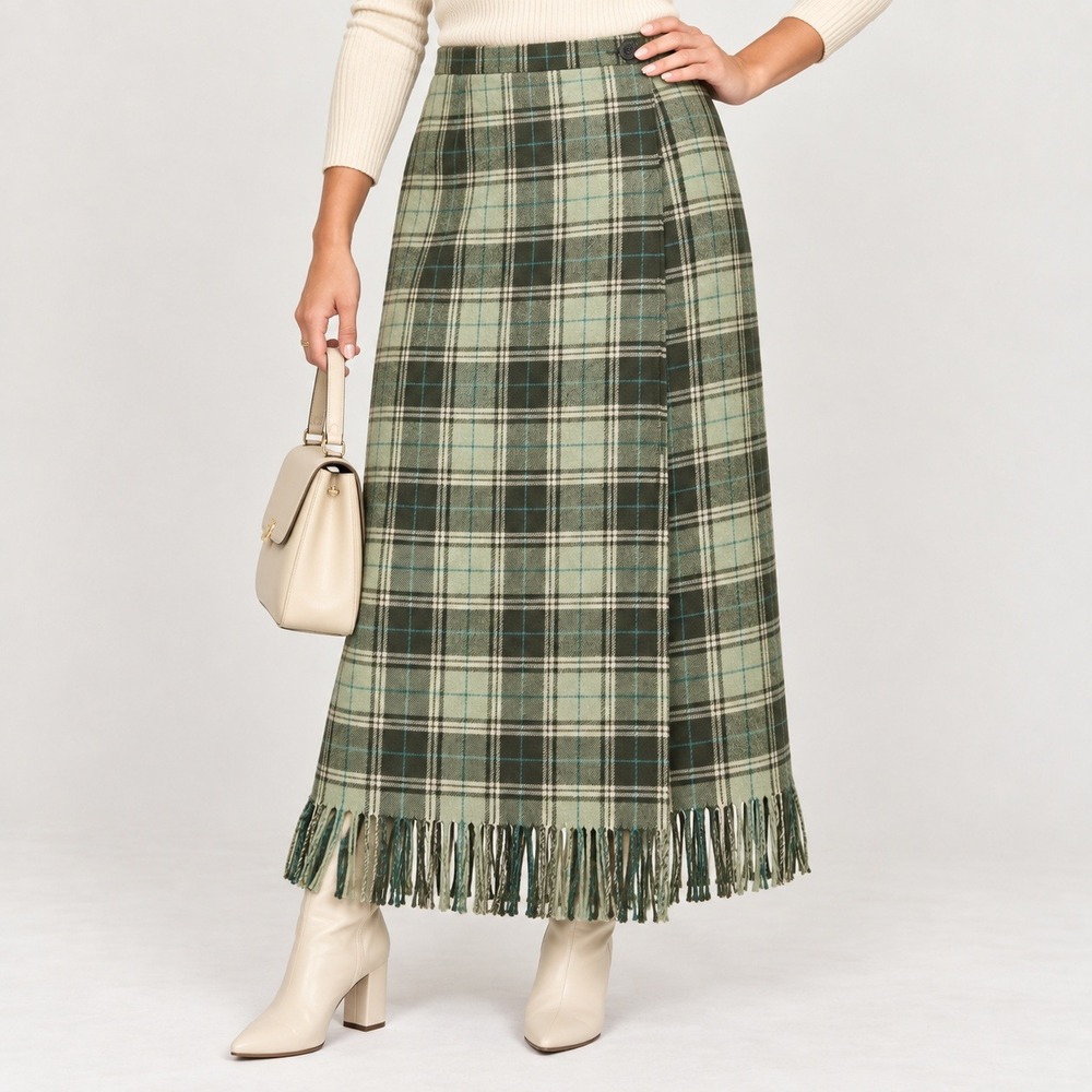 Evan Picone Womens 6 Wool Blend Plaid Maxi Wrap Skirt Green Fringe Dark Academia